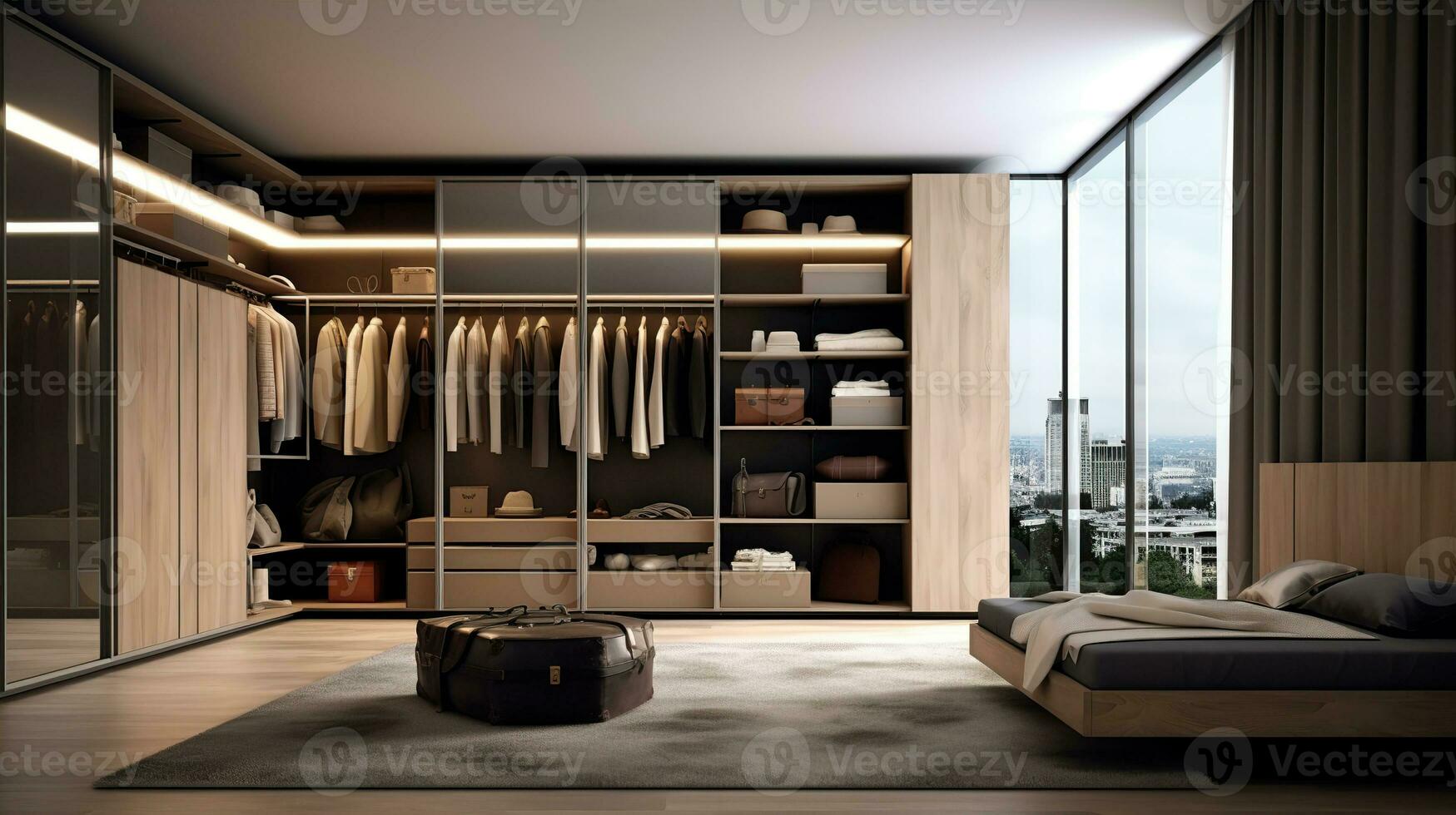 A stylish and functional wardrobe for clothing. Created with Generative AI photo
