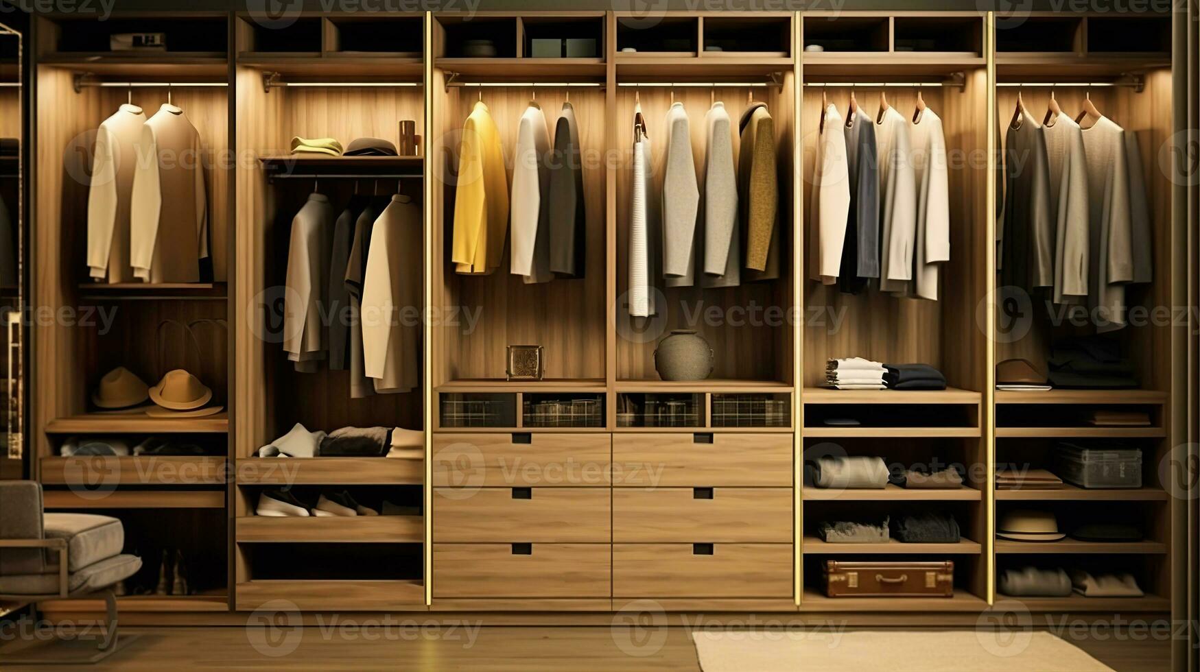 A stylish and functional wardrobe for clothing. Created with Generative AI photo