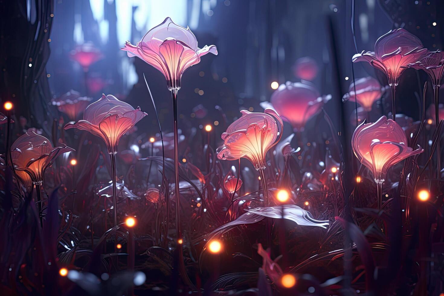 3d illustration of fantasy flowers in the dark forest with red light