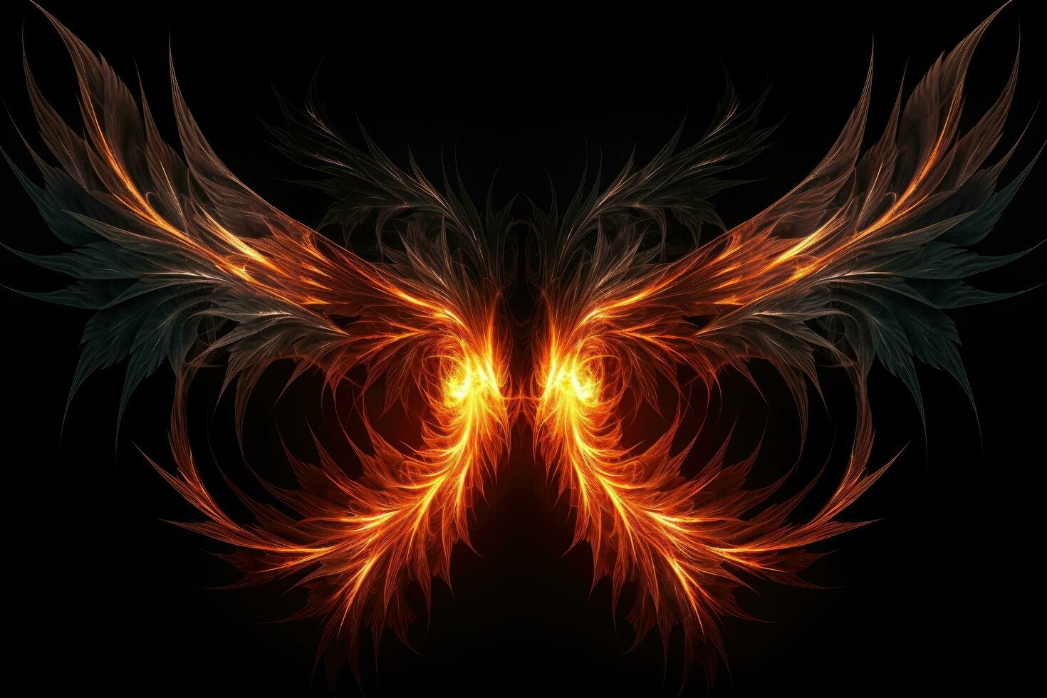 abstract fire wings on a black background, fractal art design, Fire wings on a dark background, Abstract fractal. Fractal art background for creative design. Decoration for wallpaper, AI Generated photo