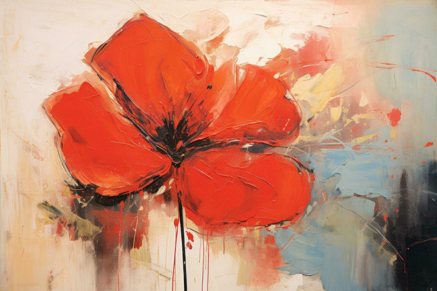 Red poppies on a grunge background. Oil painting on canvas. Abstract expressionist oil painting of a red flower with an abstract layout, AI Generated photo