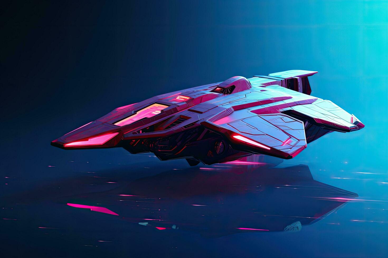 Futuristic spaceship on the dark background. 3D rendering. Abstract Expressionism Meets Hyperrealistic Minimalism in Synthwave Spaceship, AI Generated photo