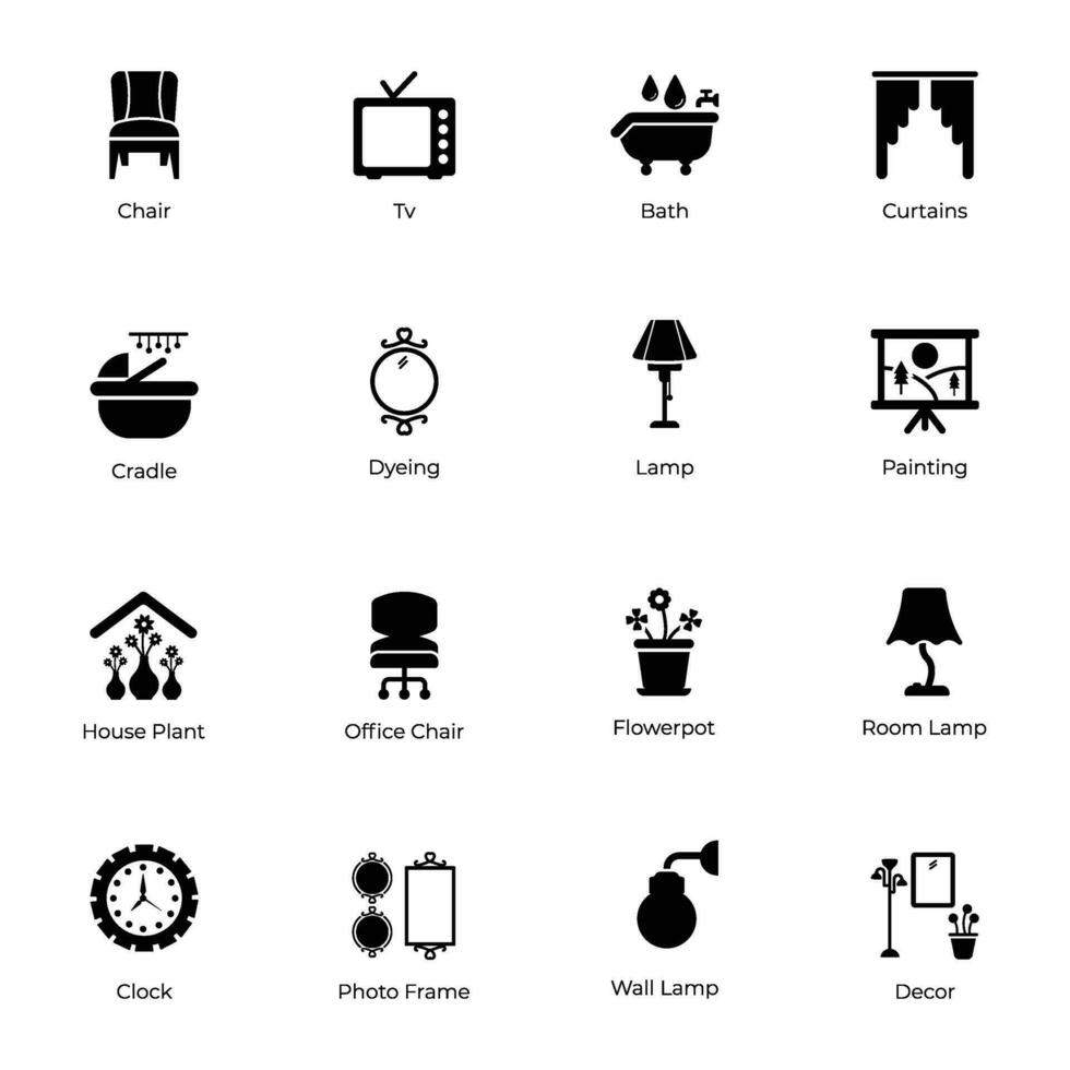 Glyph Icons Set of Interior Decoration vector
