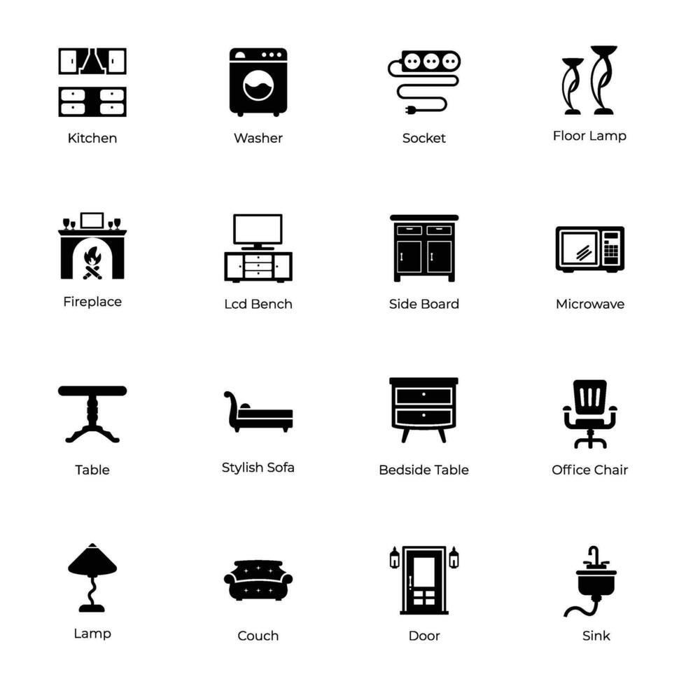 Set of Interior and Decoration Glyph Icons vector