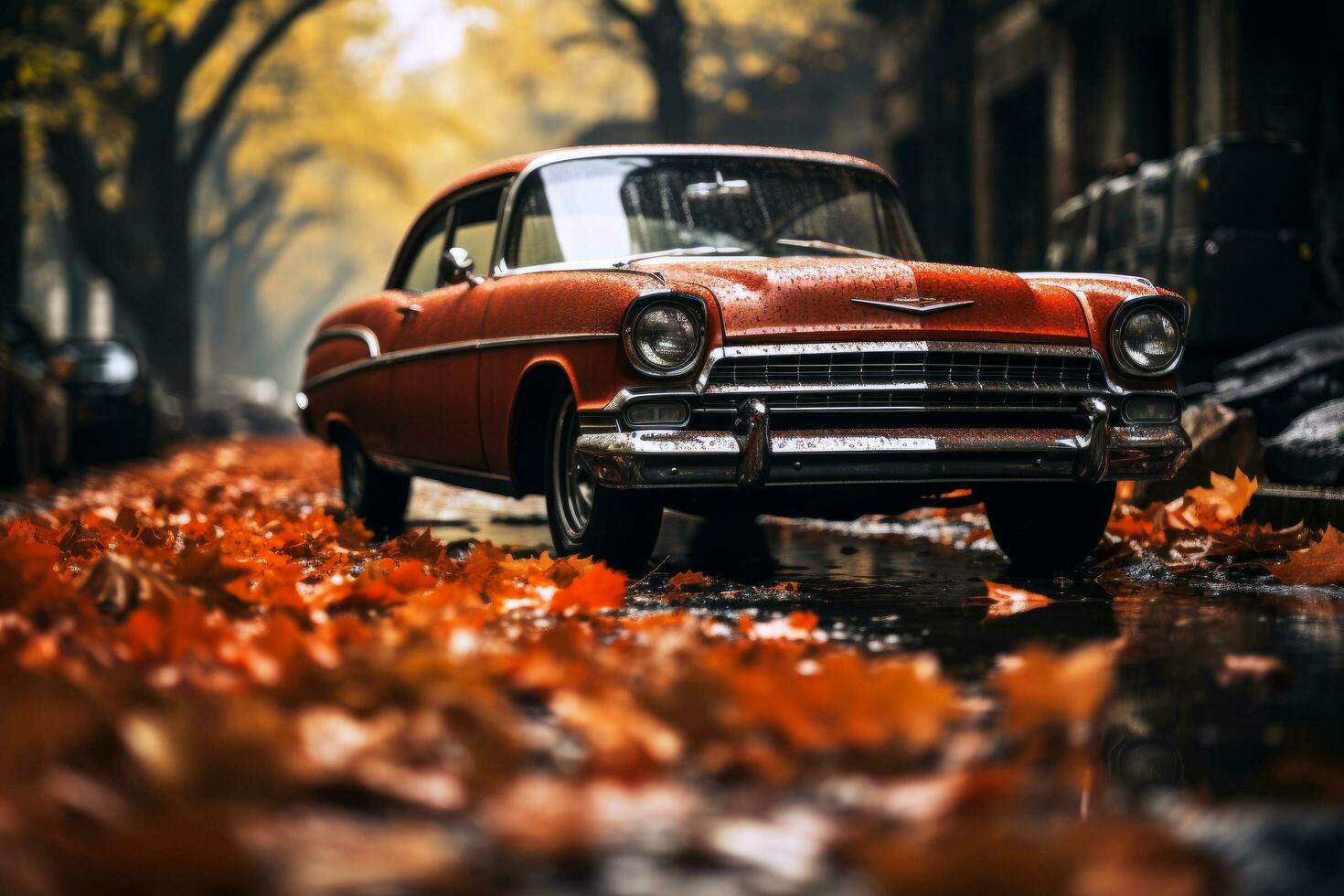Red car standing on the road near garden at daytime photo