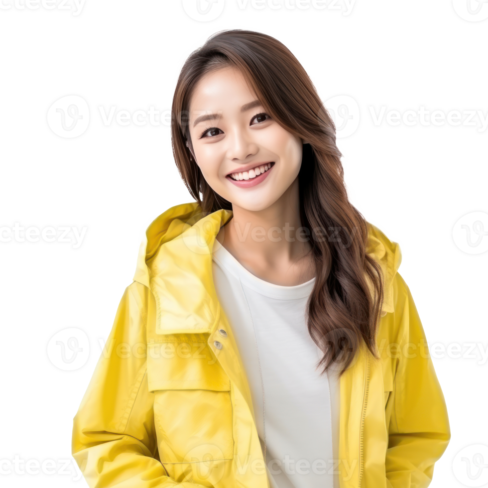 Portrait of asian woman in vivid jacket, smiling and looking happy isolated png