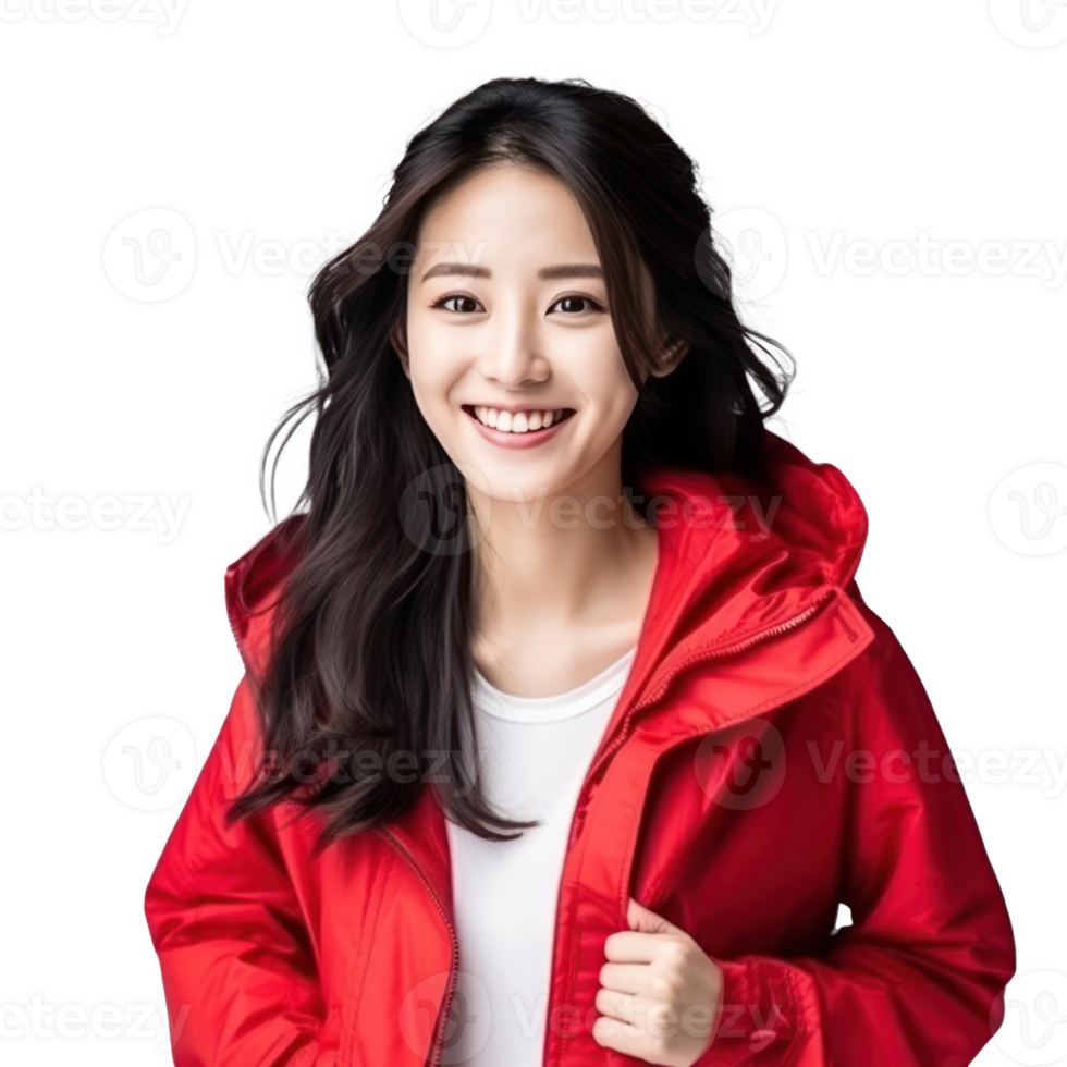 Portrait of asian woman in vivid jacket, smiling and looking happy isolated png