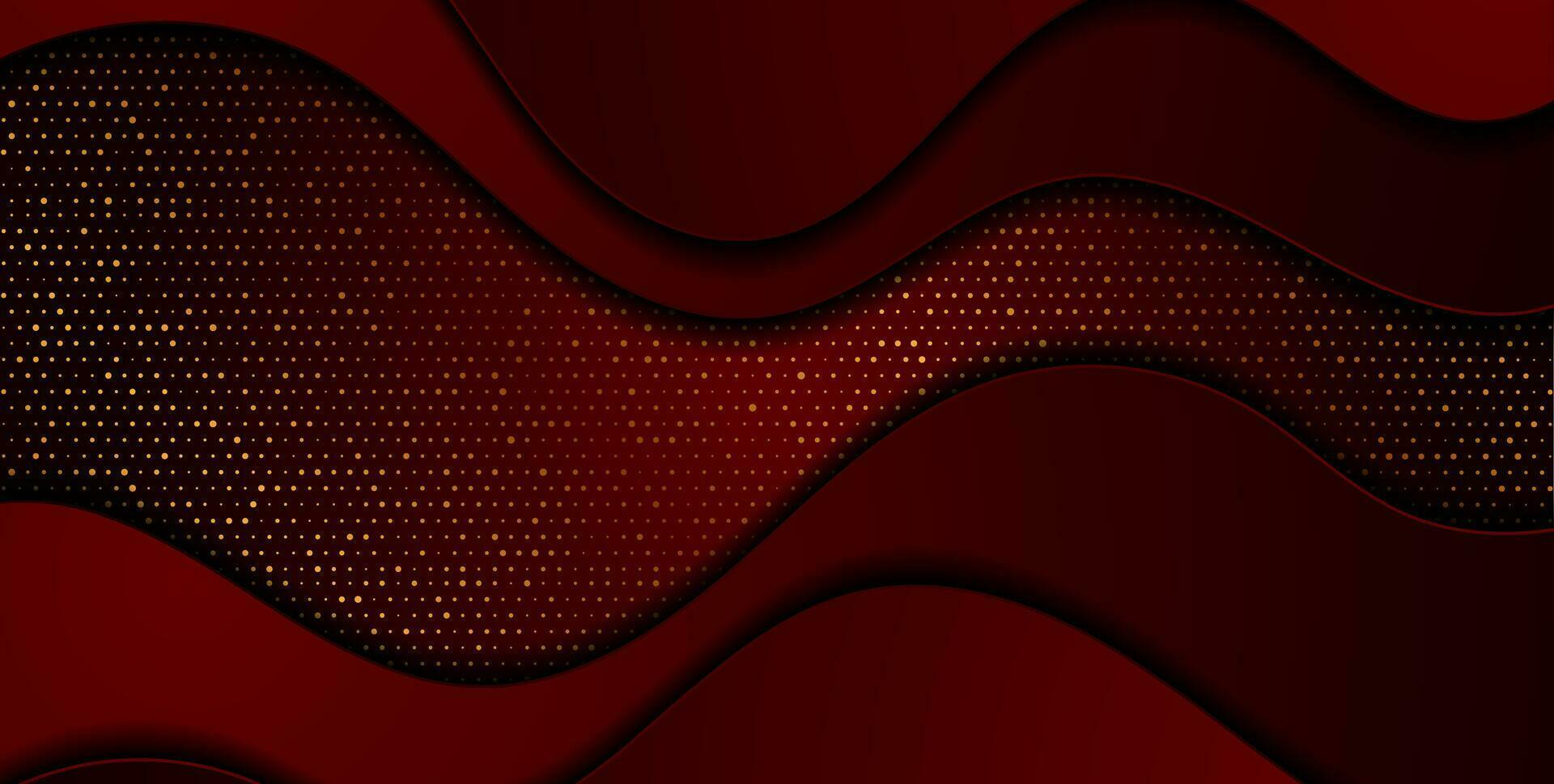 Dark red abstract wavy background with golden dots vector