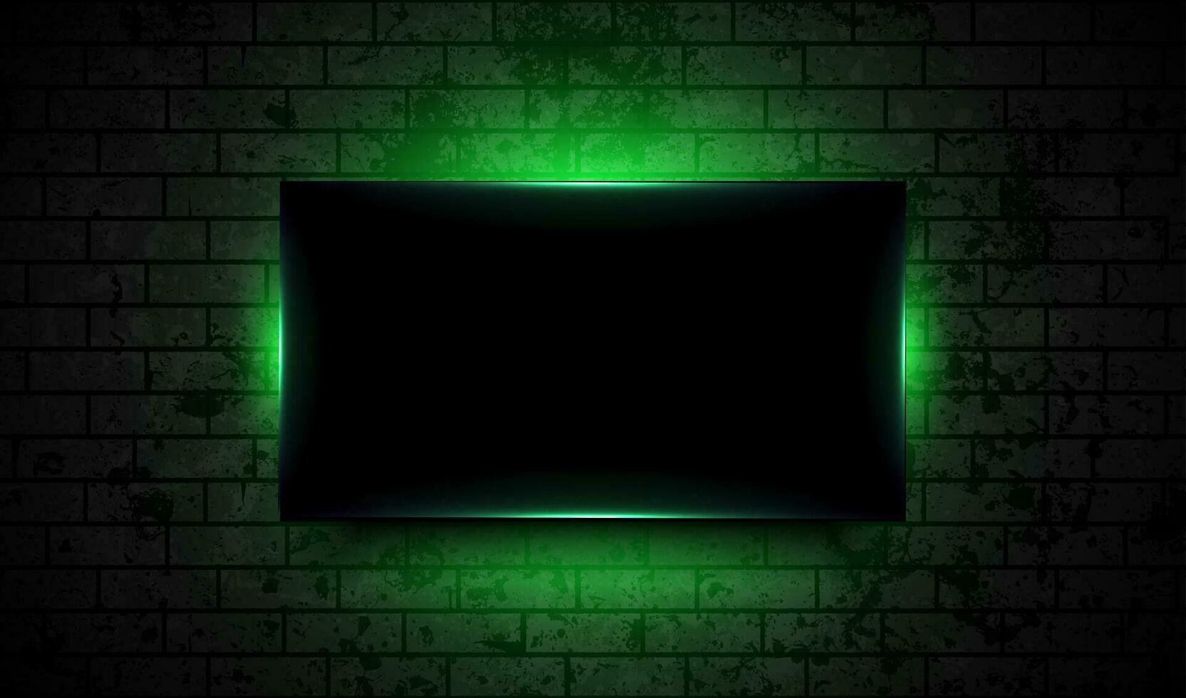 Green neon luminous frame on dark brick wall abstract background vector