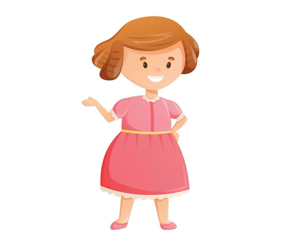 Cute cartoon smiling girl in a pink dress. Vector isolated illustration of a child.
