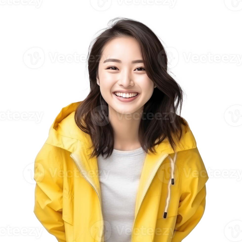 Portrait of asian woman in vivid jacket, smiling and looking happy isolated png