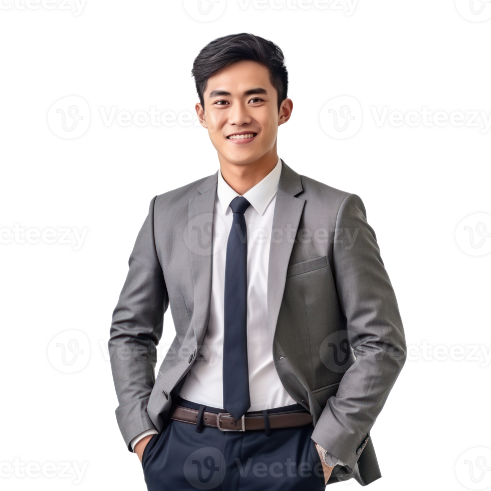 giovane asiatico uomo, professionale imprenditore in piedi nel ufficio capi di abbigliamento isolato png