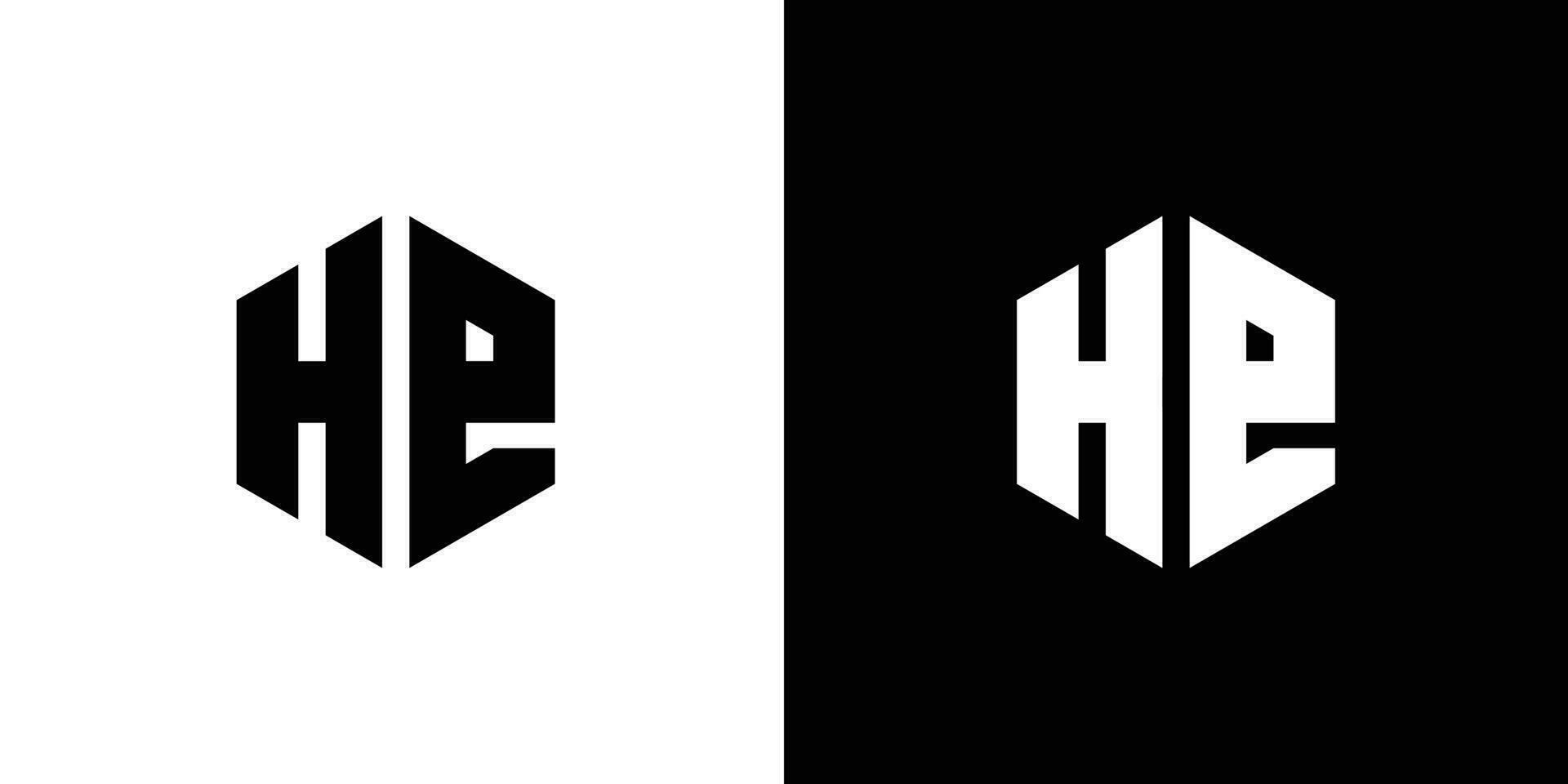 Letter H E polygon, Hexagonal minimal and professional logo design on black and white background vector