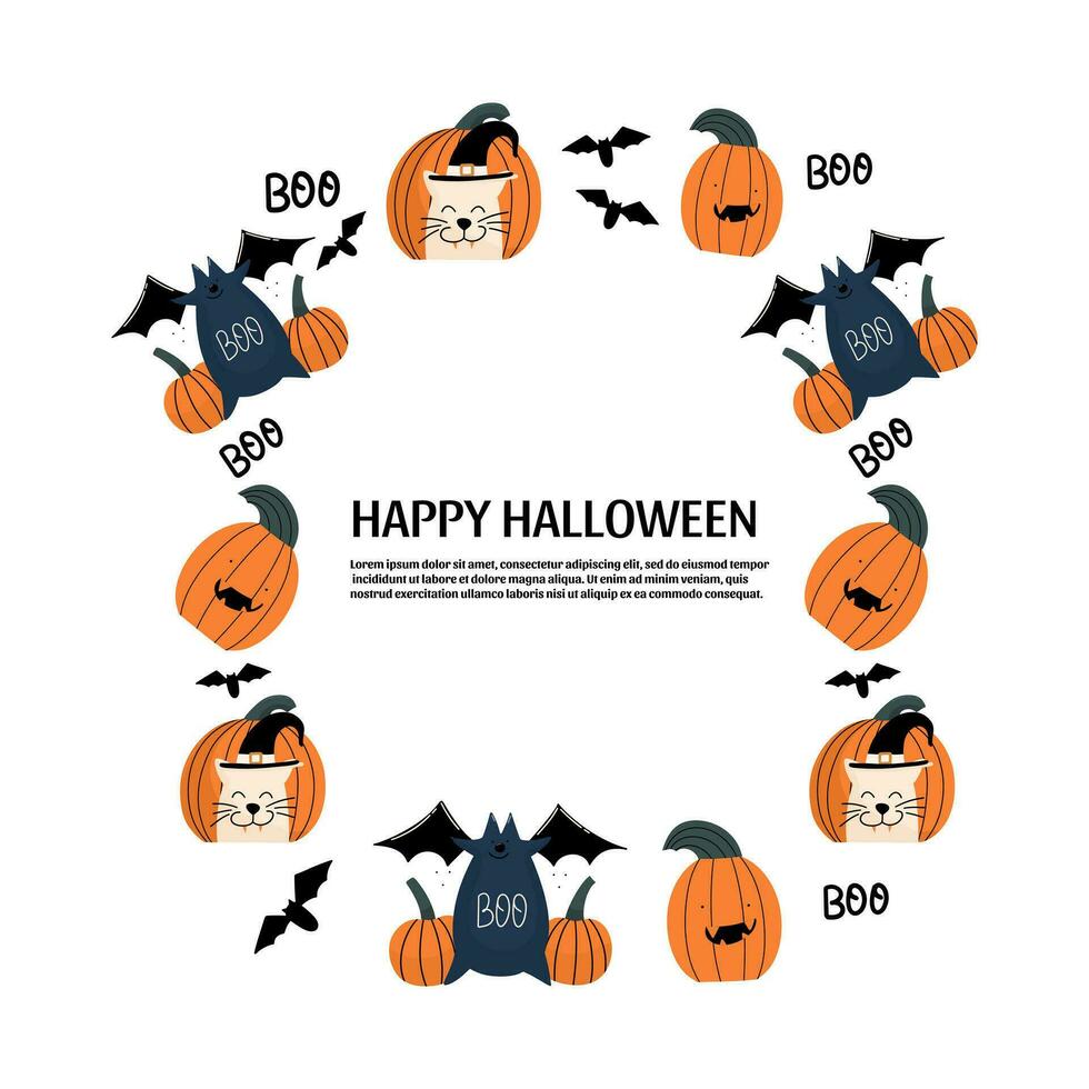 Halloween frame with pumpkin, bat, cat vampire. Vector illustration in hand drawn style.