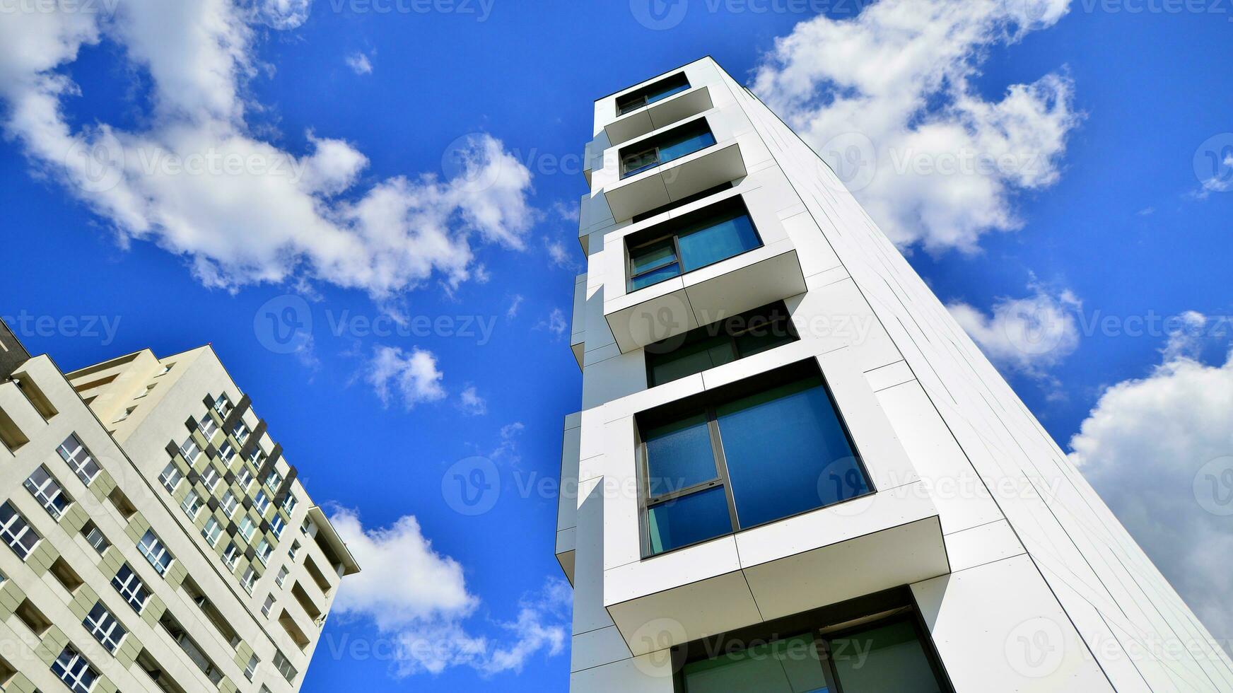 The facade of the new apartment building shaped like cubes. Minimalist  apartment building of a cube structure. photo