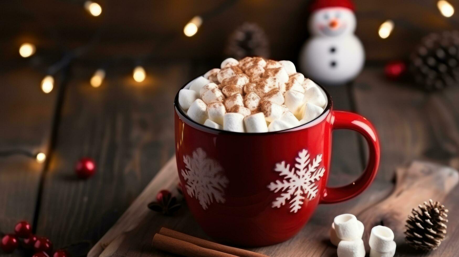 A christmas mug of hot chocolate with little snowman shaped marshmallows photo