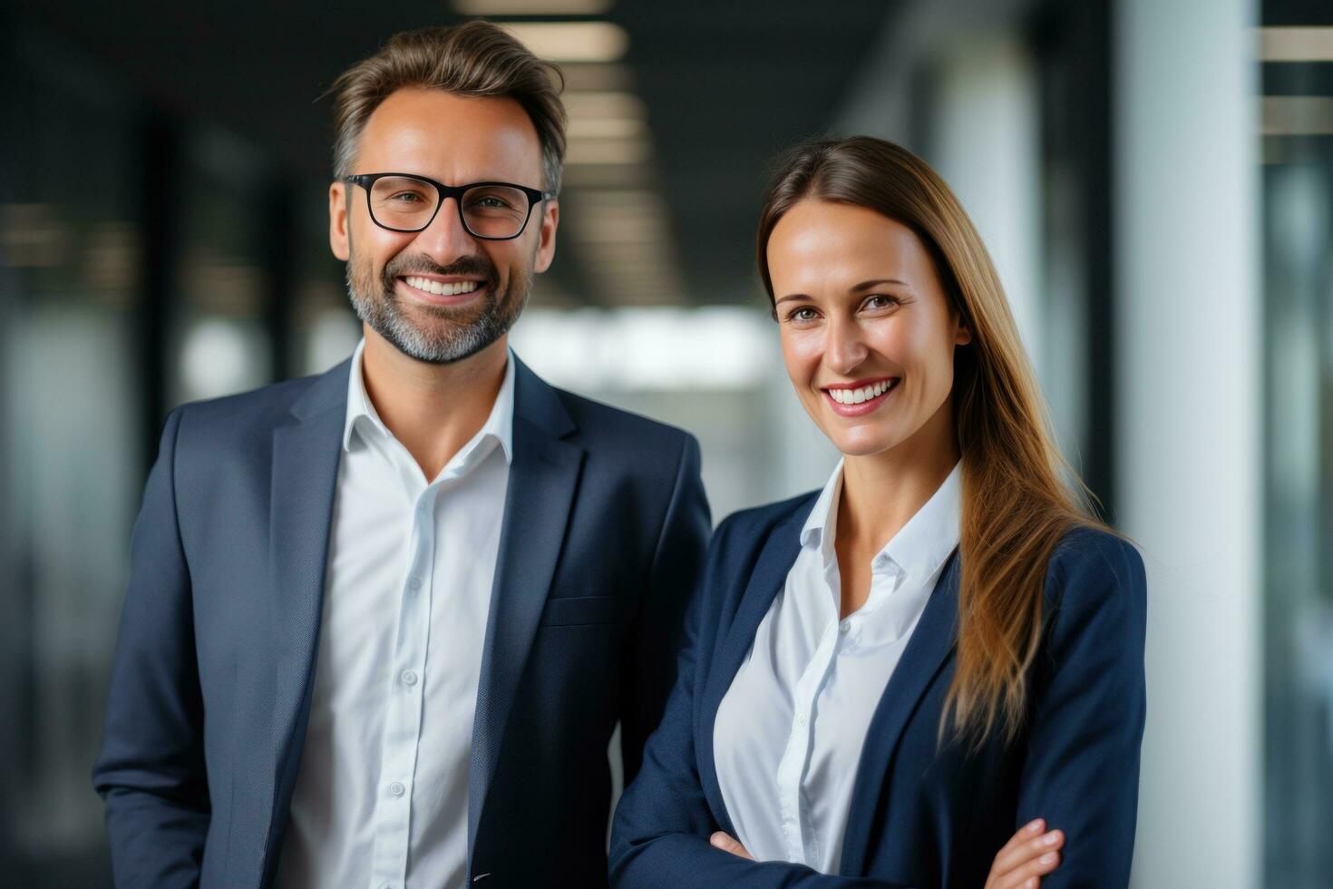Business couple smiling in an office photo
