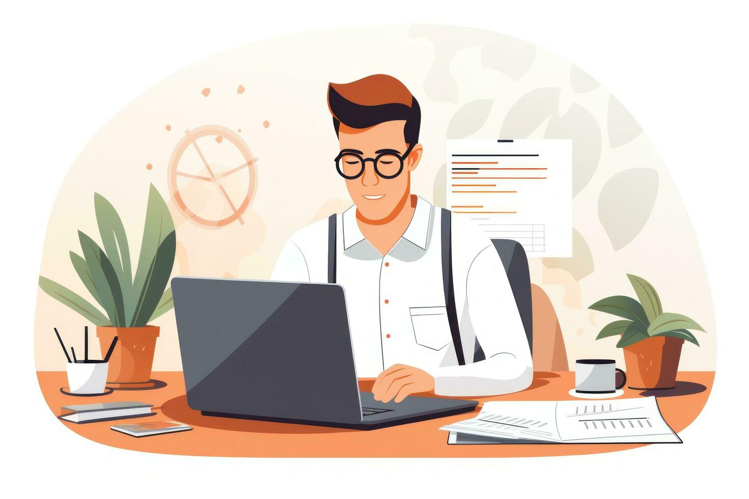 Man with glasses working on desk in office photo