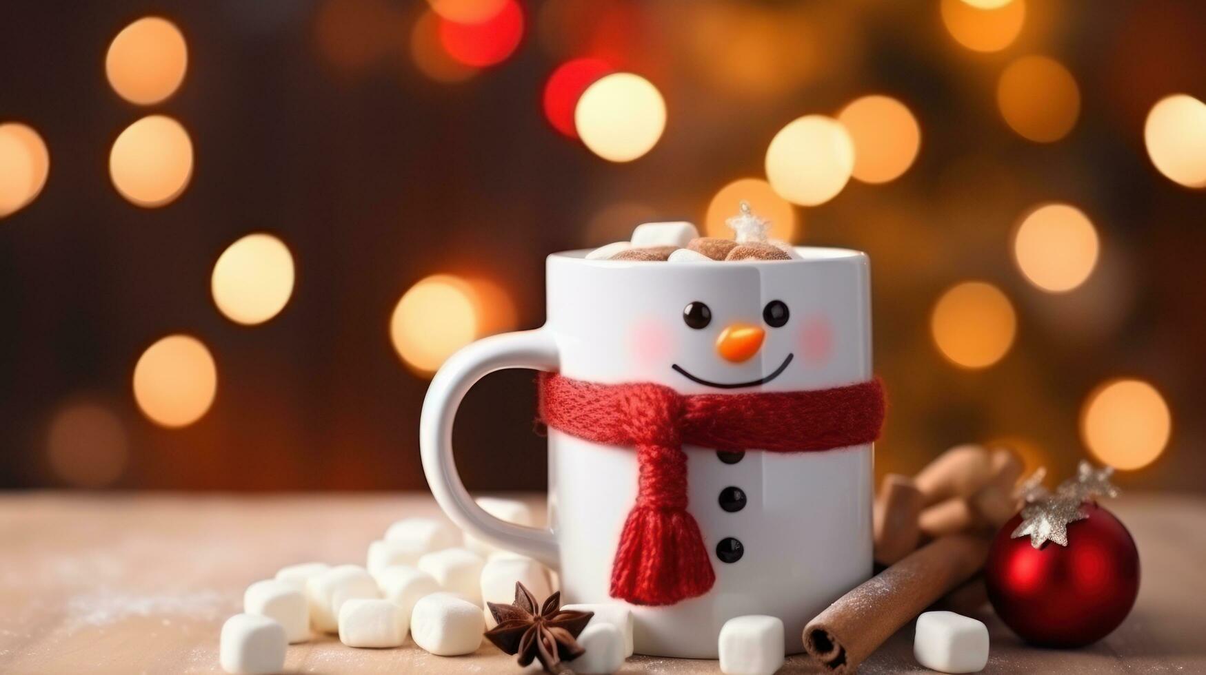 A christmas mug of hot chocolate with little snowman shaped marshmallows photo