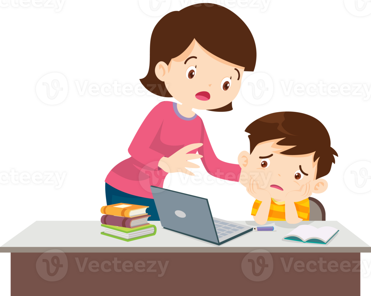 Mother Comforting son.famly and child boy bored of studying in front of the laptop png