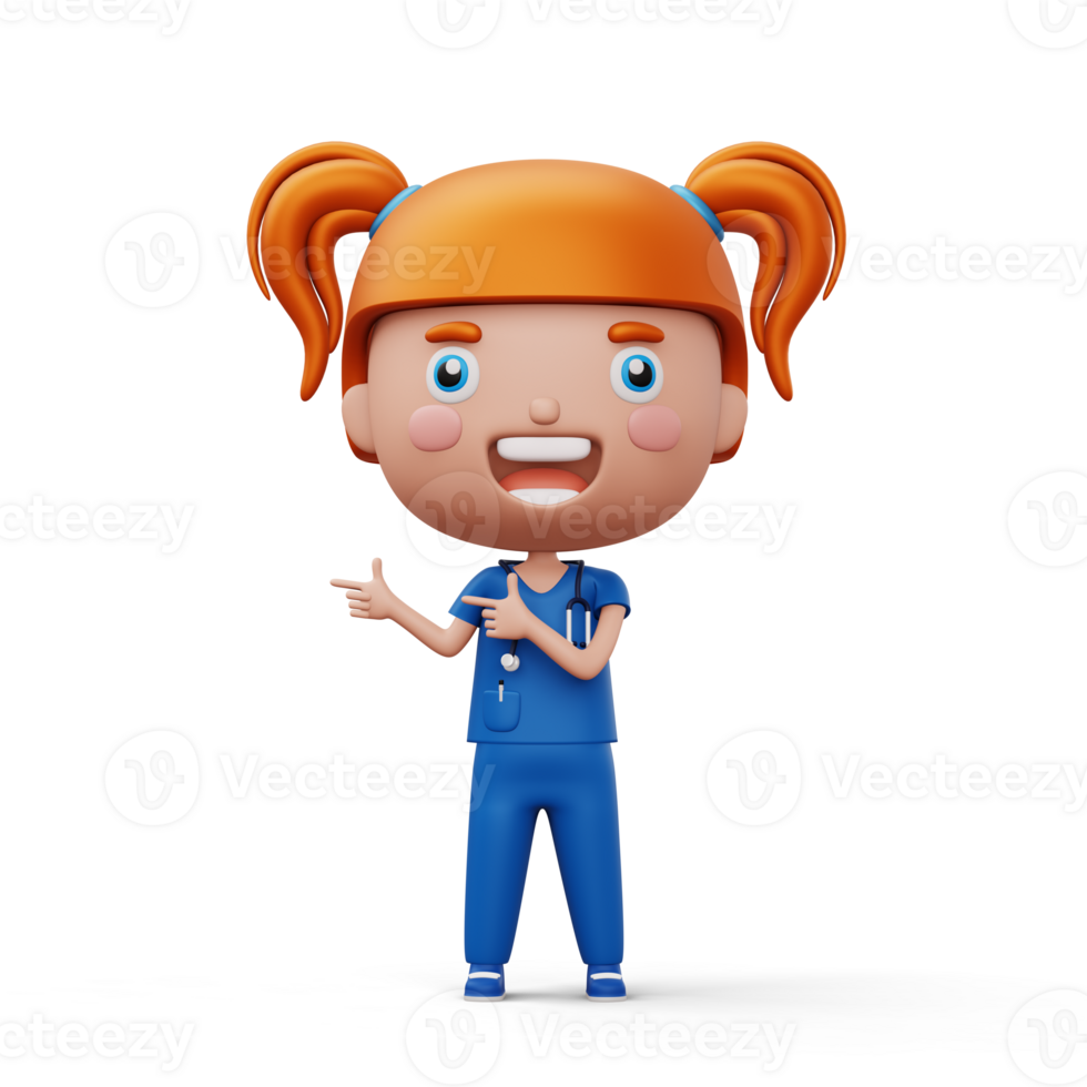 Happy child doctor, kid doctor pointing finger, occupation kid character, 3d rendering png