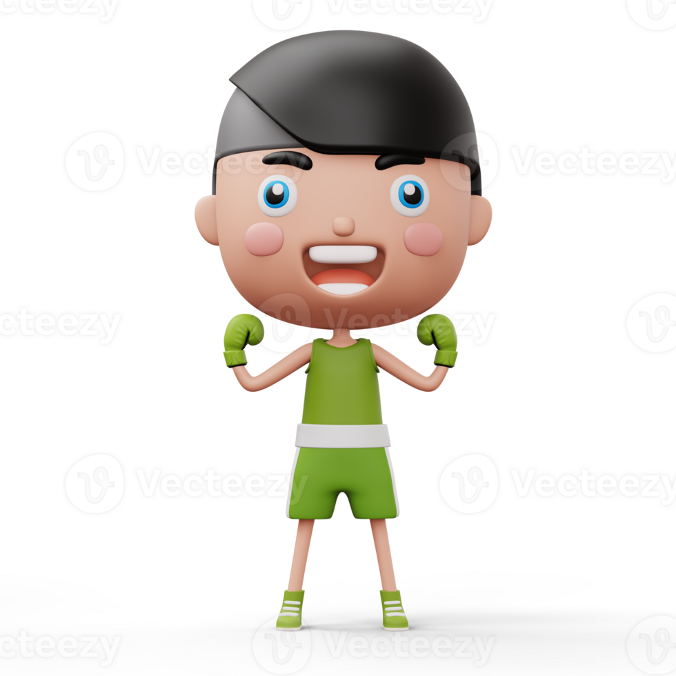 Happy child boxer, fighter boy with boxer glove, kid character, 3d rendering png