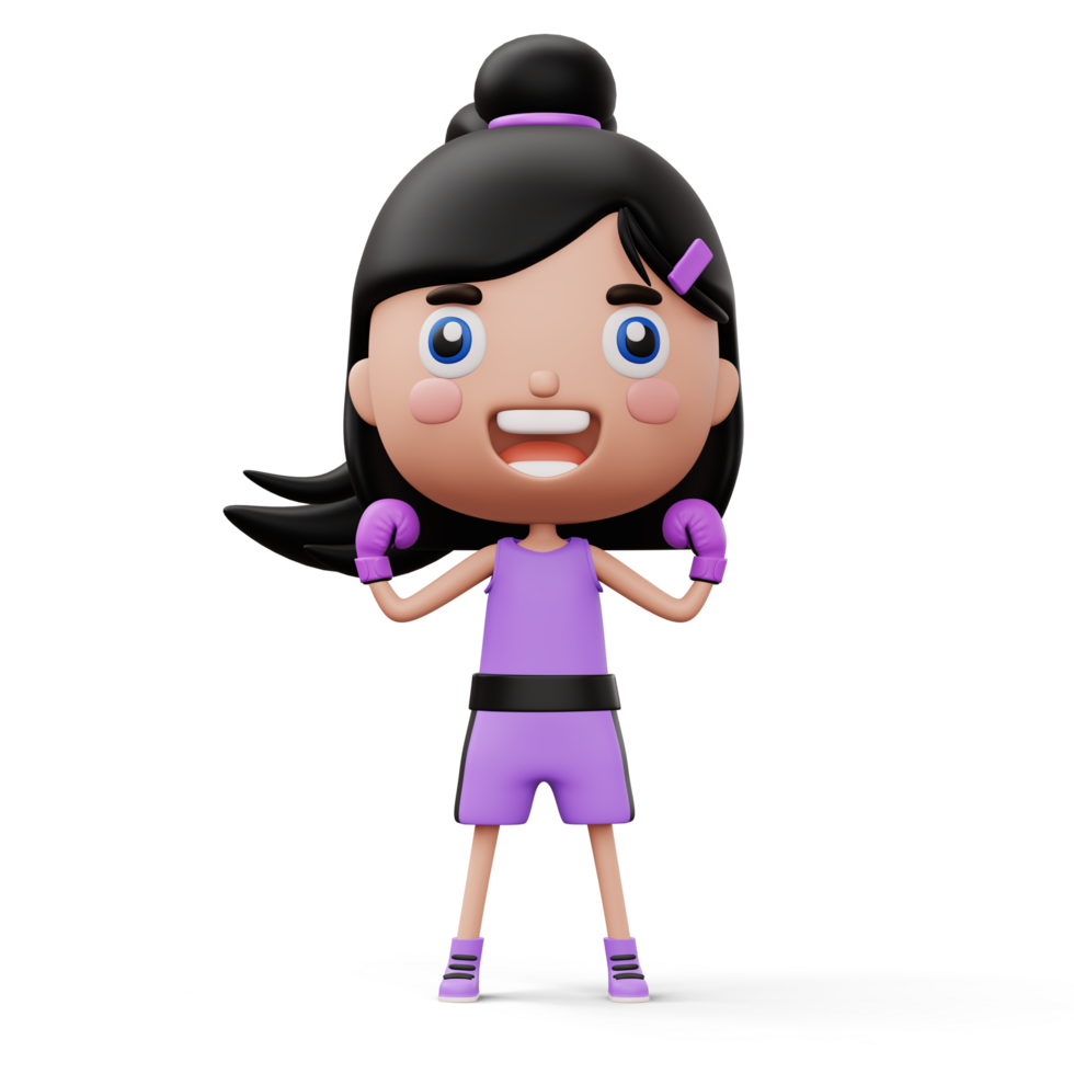 Happy child boxer, fighter girl with boxer glove, kid character, 3d rendering png