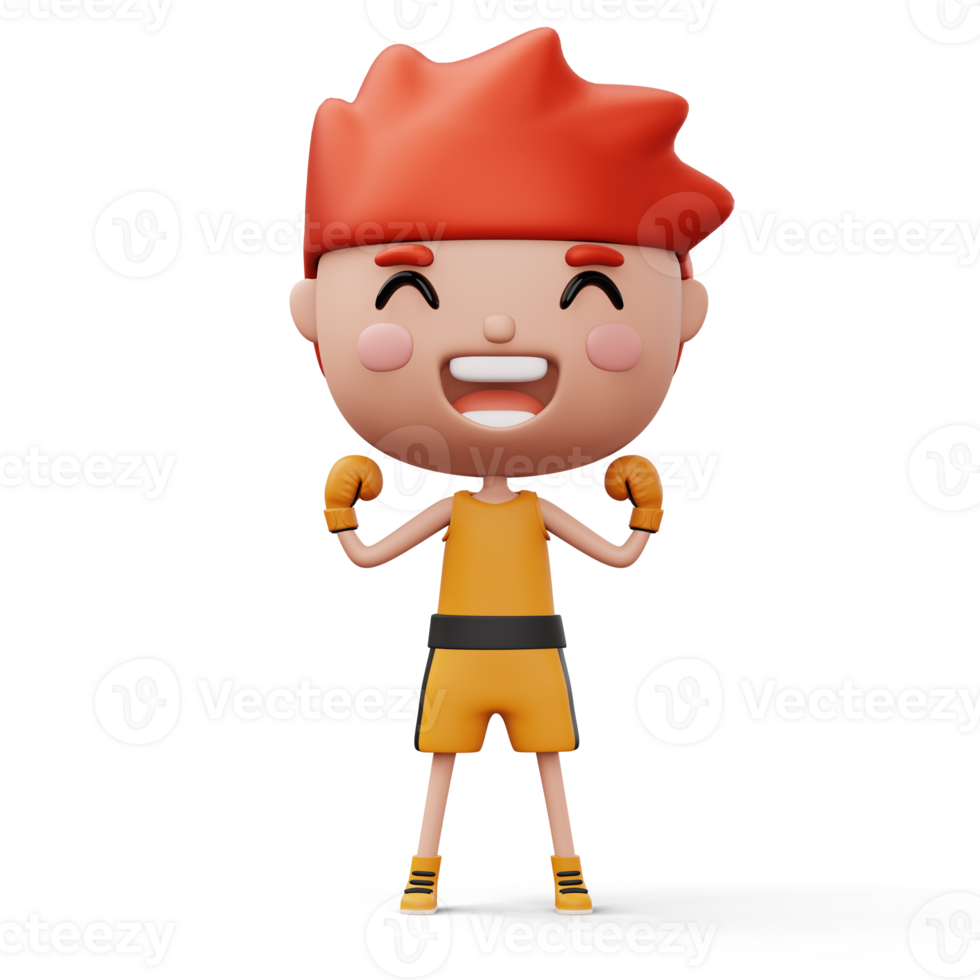 Happy child boxer, fighter boy with boxer glove, kid character, 3d rendering png