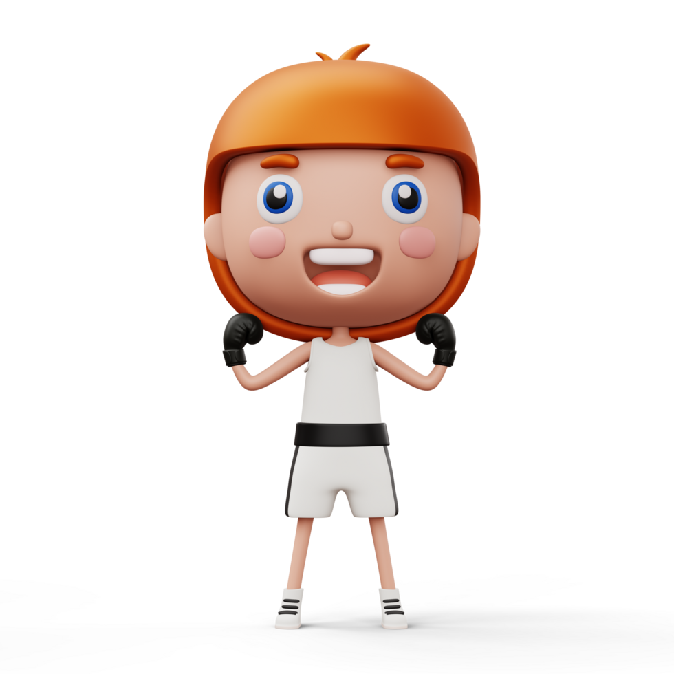 Happy child boxer, fighter girl with boxer glove, kid character, 3d rendering png