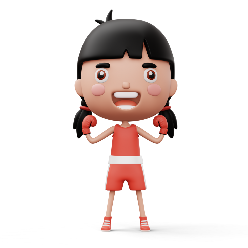 Happy child boxer, fighter girl with boxer glove, kid character, 3d rendering png