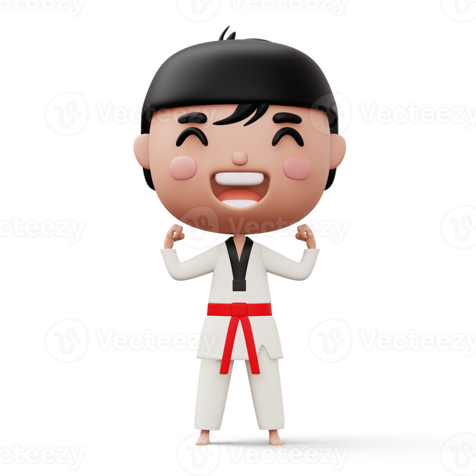 Happy child taekwondo, fighter boy wear taekwondo uniform, kid character, 3d rendering png