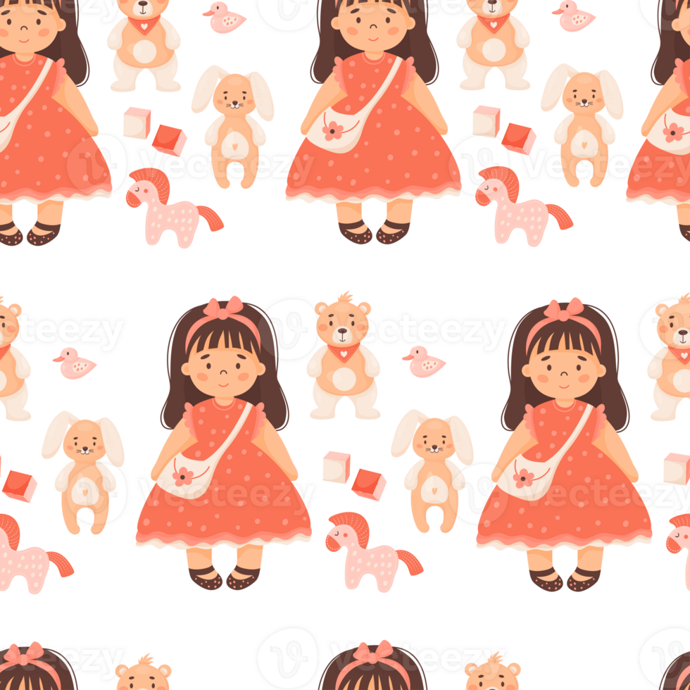 kids seamless pattern.  Cute  girl doll in red dress png