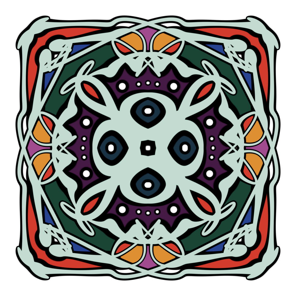 Seamless tracery tile mehndi design. Ethnic ornament, colorful doodle symmetry texture. Folk traditional spiritual tribal design. Curved doodling motif. Color art. png