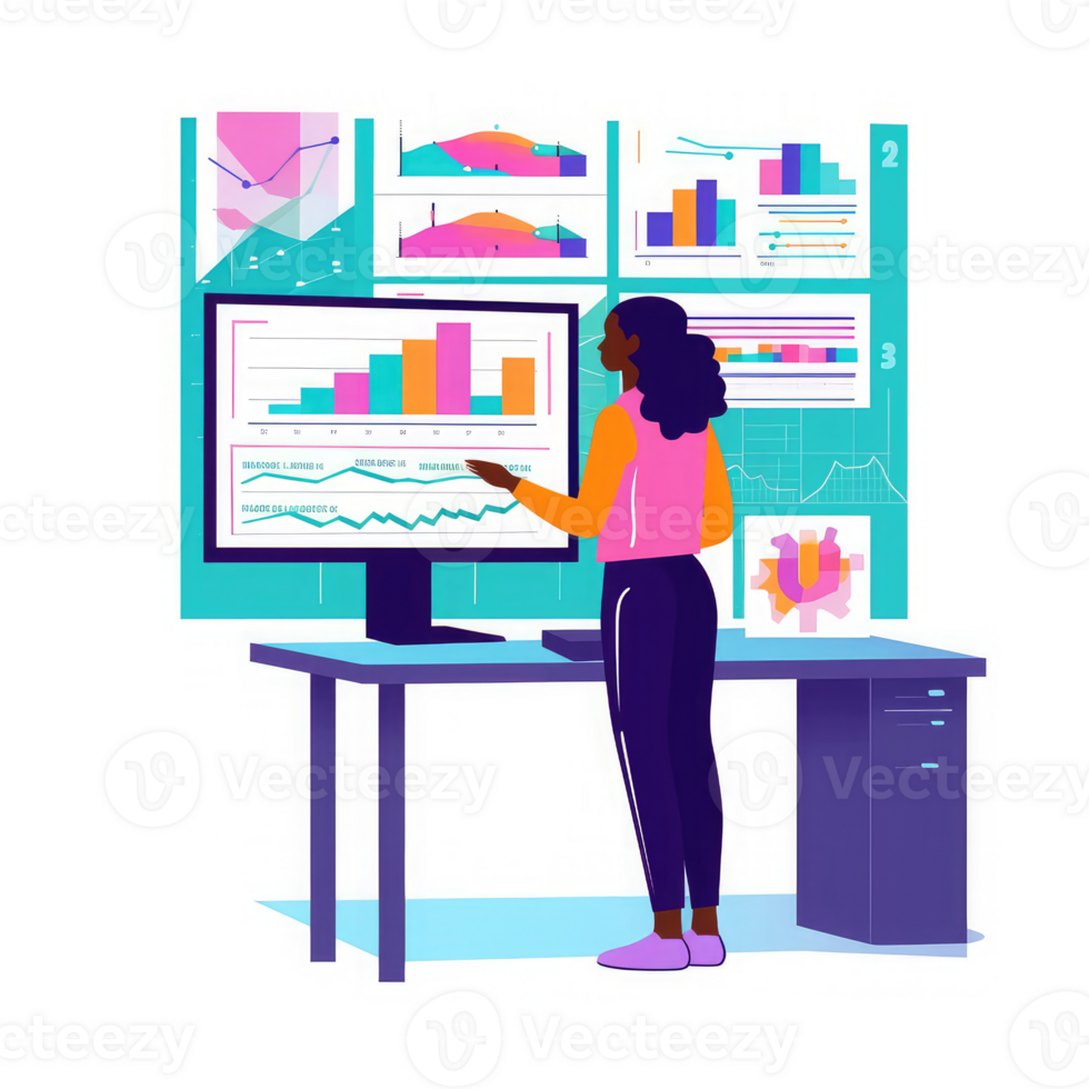 people standing behind desk with computer The screen displays various charts and graphs . AI Generated png