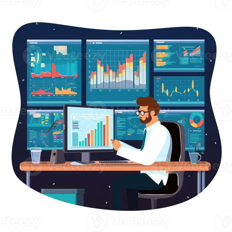 Character sitting at a table with multiple computer screens showing charts and data . AI Generated png