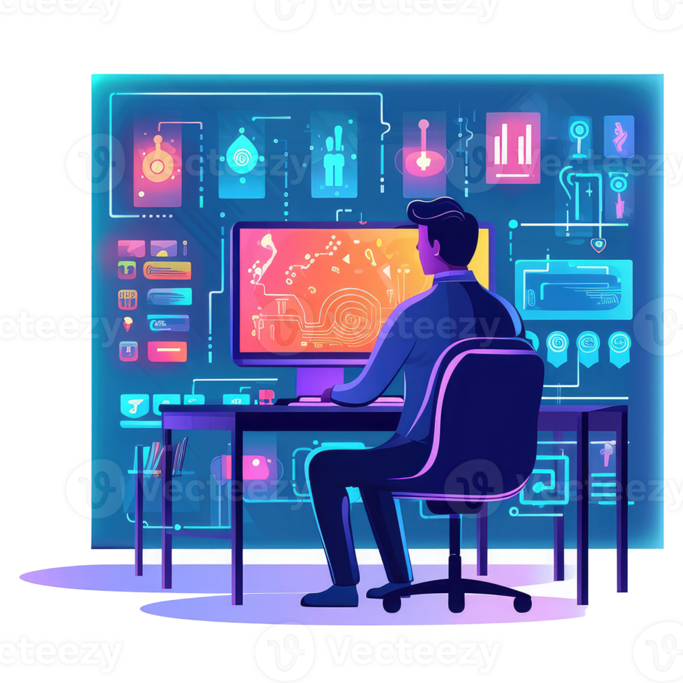 Business owners sit at their computers harnessing the power of AI-powered lead generation software to complete multiple tasks from within a single dashboard . AI Generated png