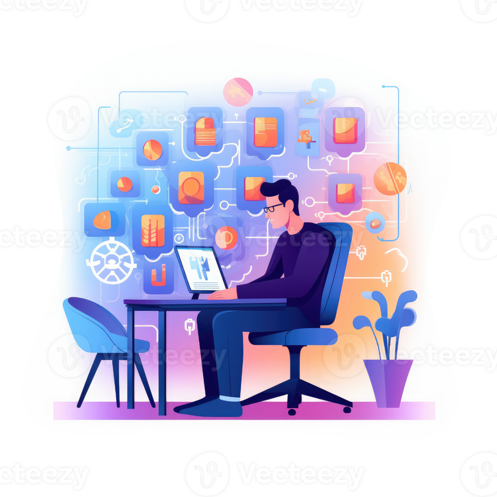 affaires propriétaires asseoir à leur des ordinateurs exploiter le Puissance de propulsé par l'IA conduire génération Logiciel à Achevée plusieurs Tâches de dans une Célibataire tableau de bord . ai généré png