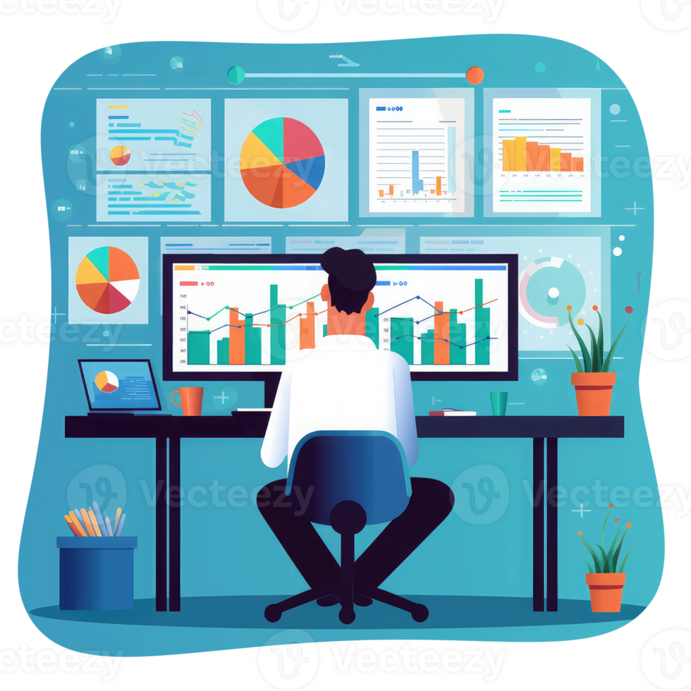 Character sitting at a table with multiple computer screens showing charts and data . AI Generated png