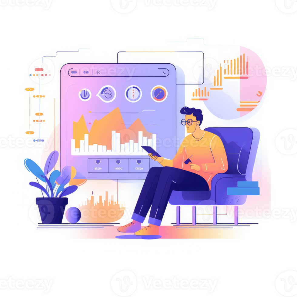 Character sitting at a table with multiple computer screens showing charts and data . AI Generated png