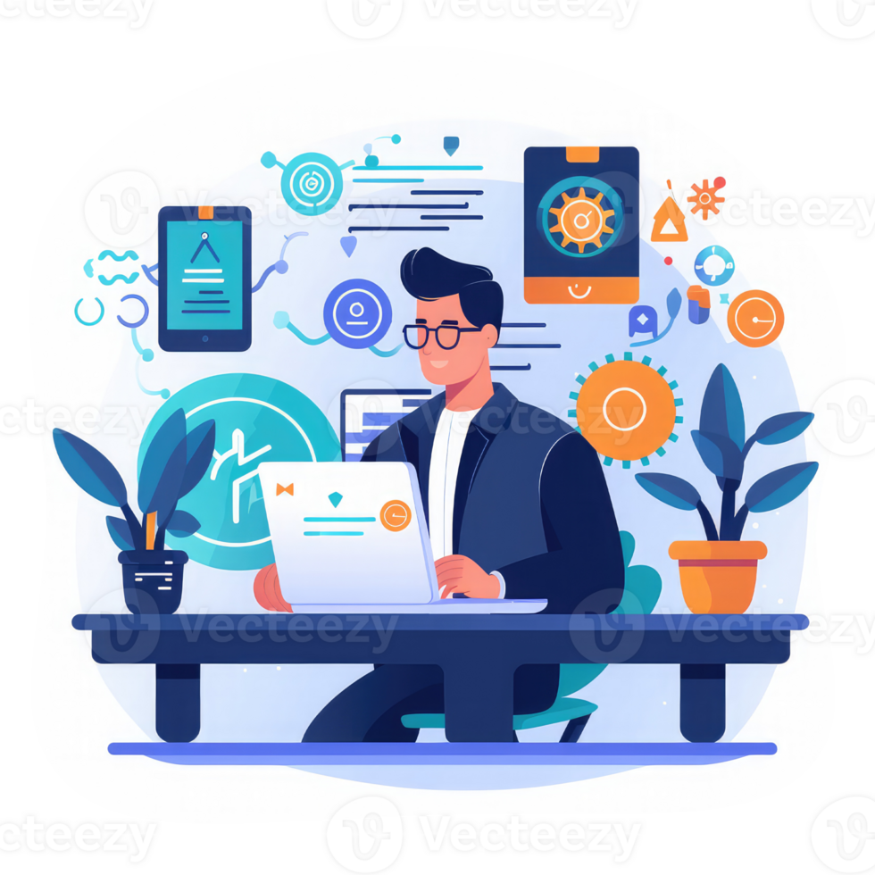 Business owners sit at their computers harnessing the power of AI-powered lead generation software to complete multiple tasks from within a single dashboard . AI Generated png