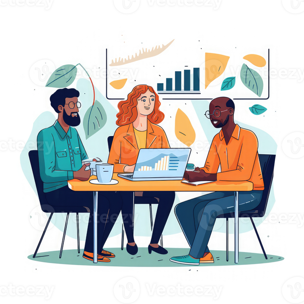 people around a table with laptop with charts thinking about financials . AI Generated png