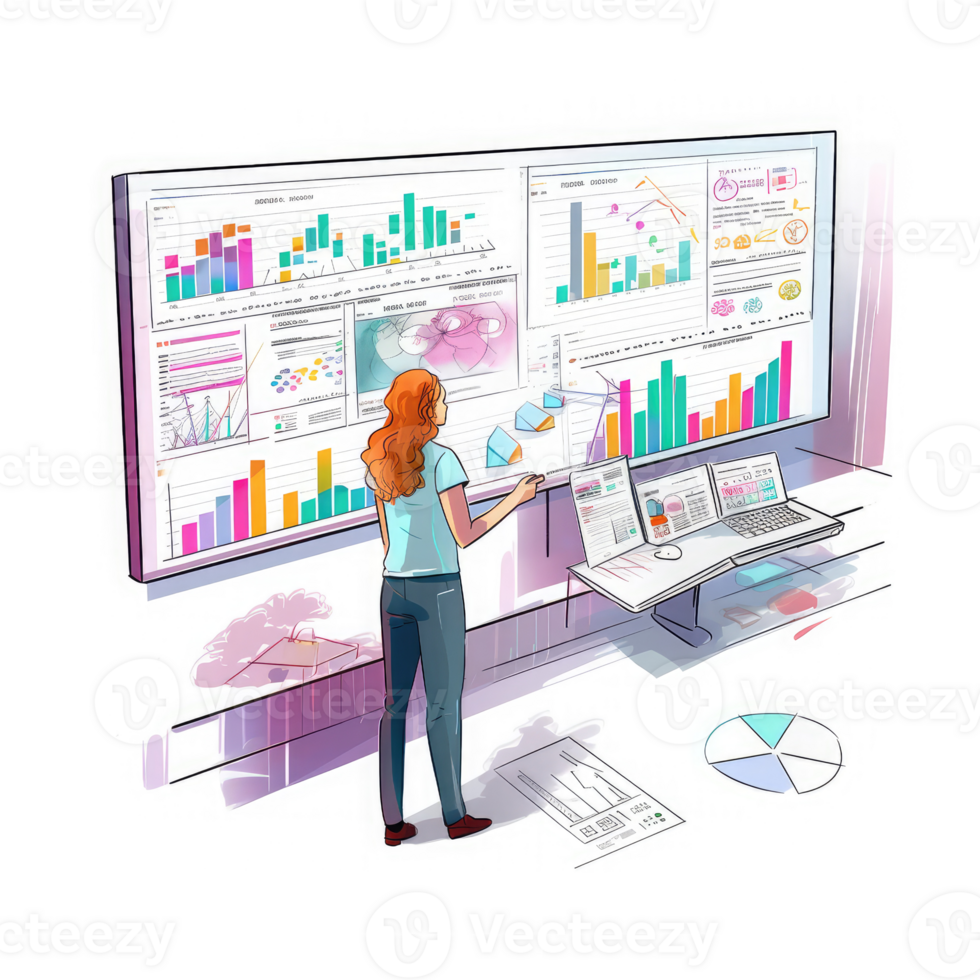 people standing behind desk with computer The screen displays various charts and graphs . AI Generated png