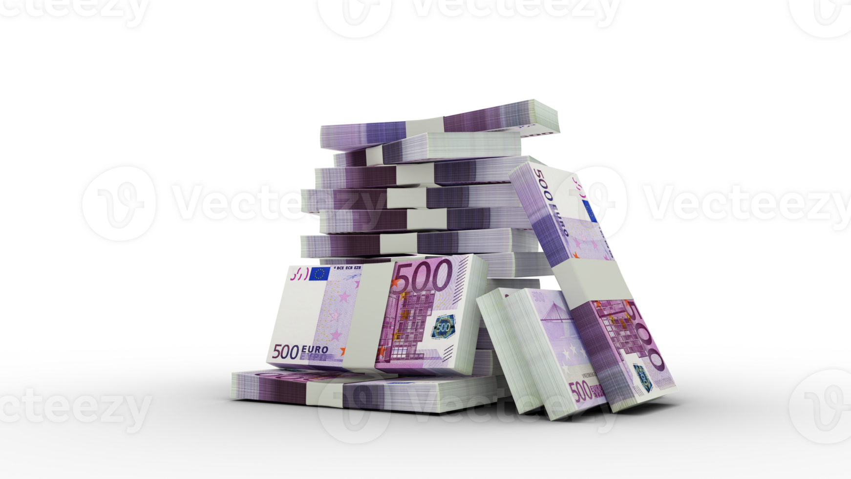 3d rendering of Stacks of 500 Euro notes. bundles of Euro currency notes isolated on transparent background png