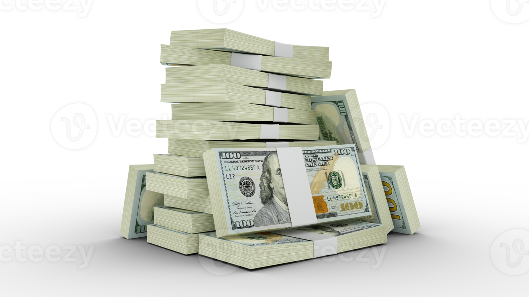 3d rendering of Stacks of 100 US dollar notes. bundles of United states currency notes isolated on transparent background png