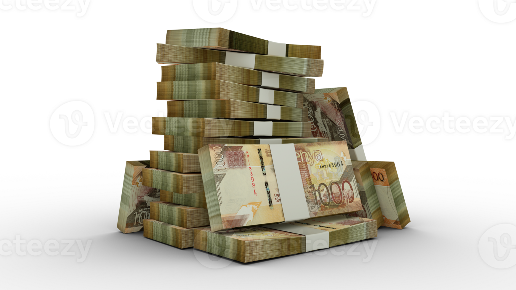 3d rendering of Stacks of 1000 Kenyan shilling notes. bundles of Kenyan currency notes isolated on transparent background png