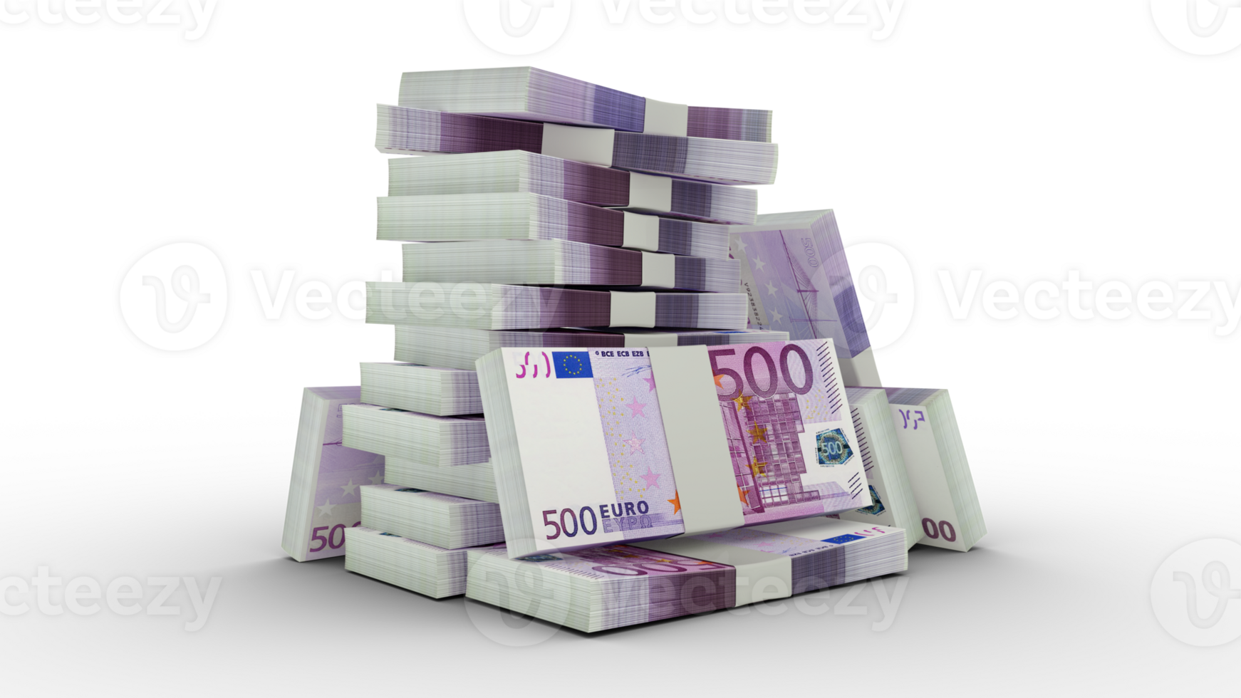 3d rendering of Stacks of 500 Euro notes. bundles of Euro currency notes isolated on transparent background png