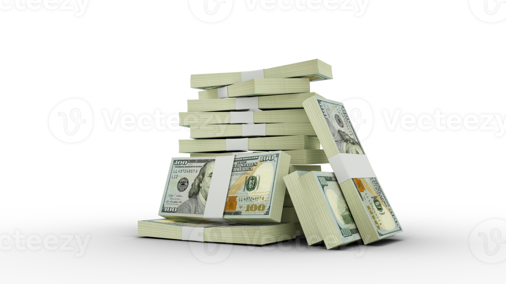3d rendering of Stacks of 100 US dollar notes. bundles of United states currency notes isolated on transparent background png