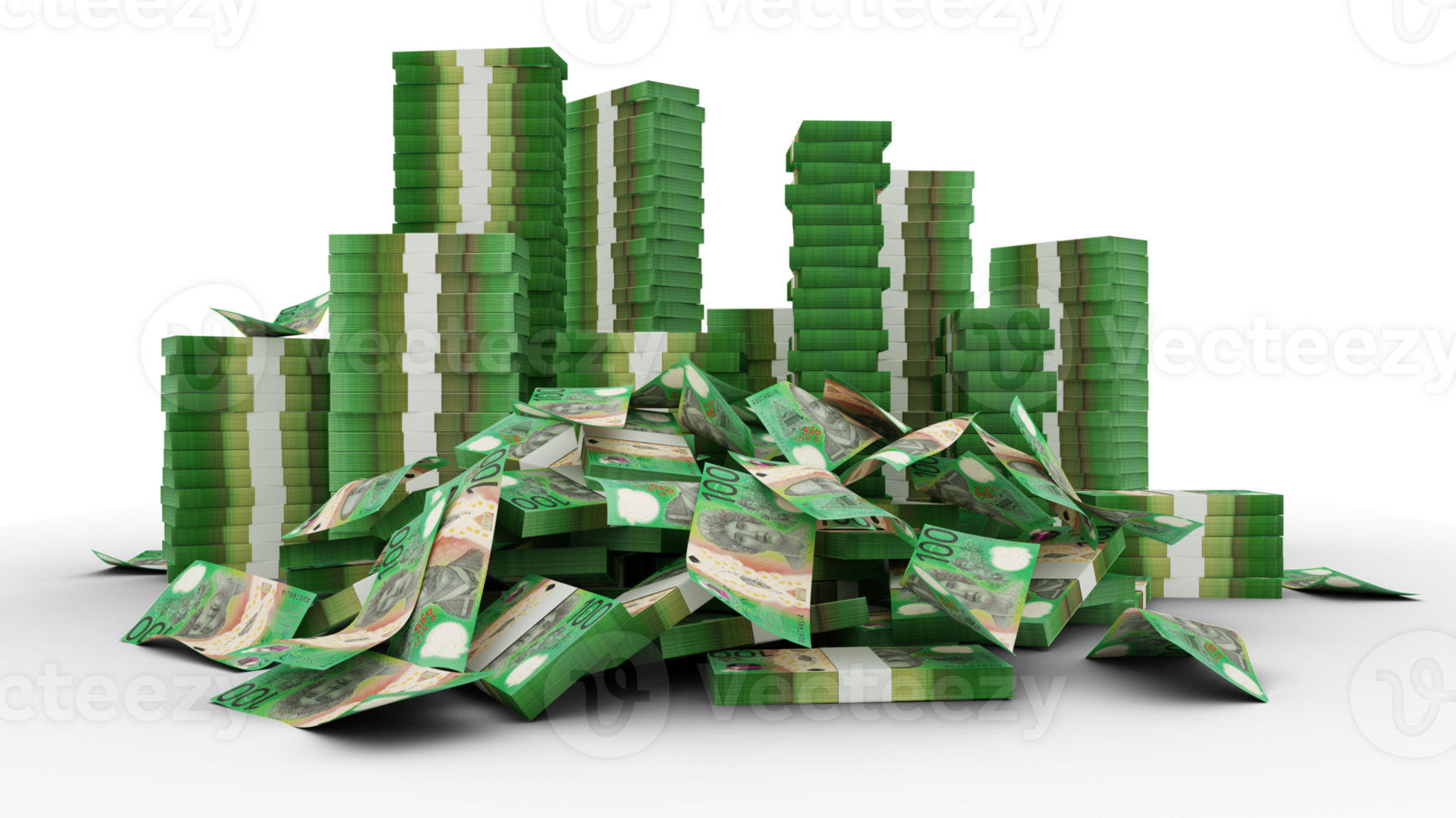 Big stacks of Australian dollar notes. A lot of money isolated on transparent background. 3d rendering of bundles of cash png