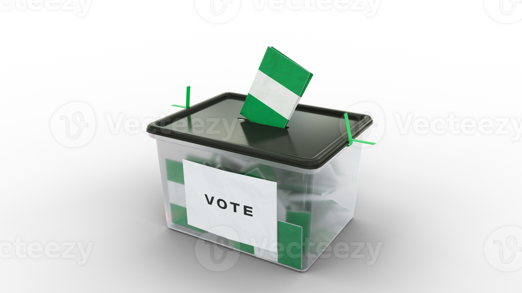 Elections in Nigeria. Ballot paper printed in Nigerian national flag colors in transparent ballot box. 3d rendering png