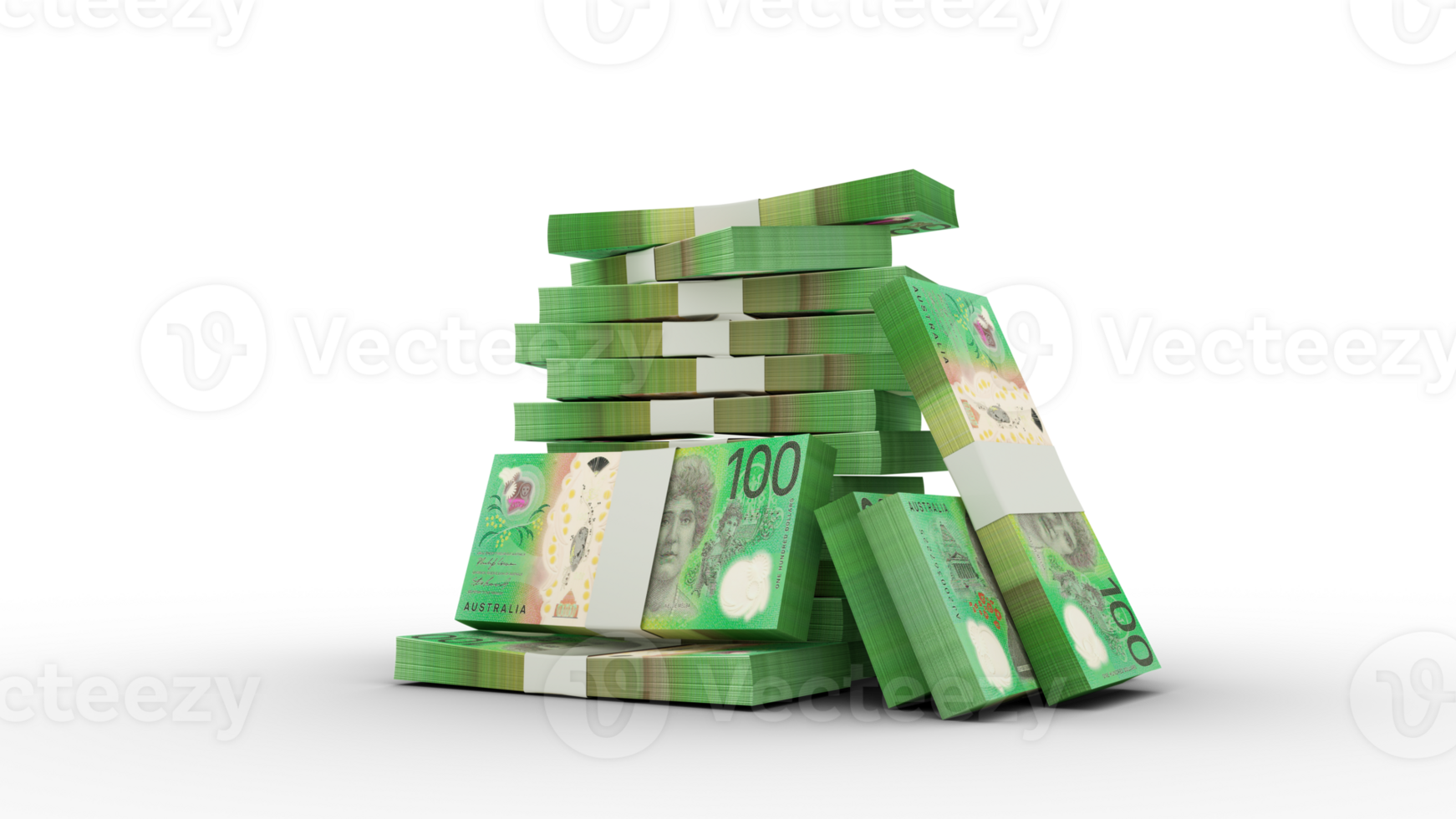 3d rendering of Stacks of 100 Australian dollar notes. bundles of Australian currency notes isolated on transparent background png